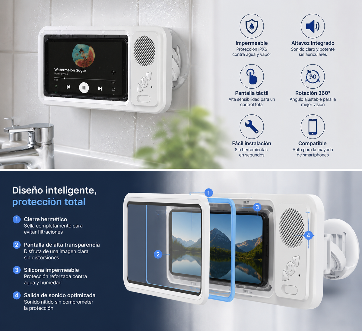 caja impermeable para móvil con altavoz integrado, pantalla táctil y rotación 360, ideal para uso en el baño