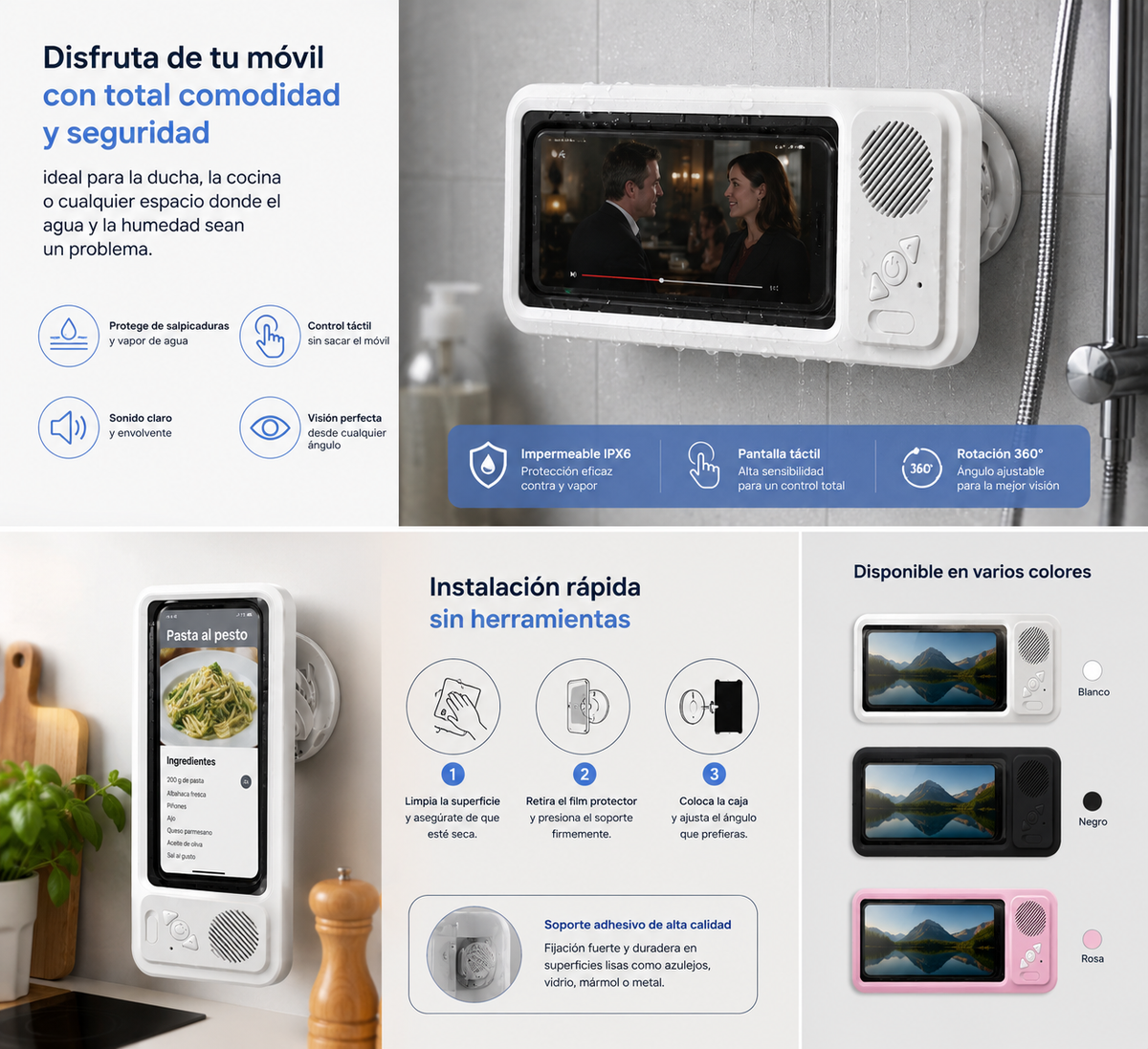 Caja impermeable para móvil montada en la pared, ideal para ver series y escuchar música en cualquier lugar
